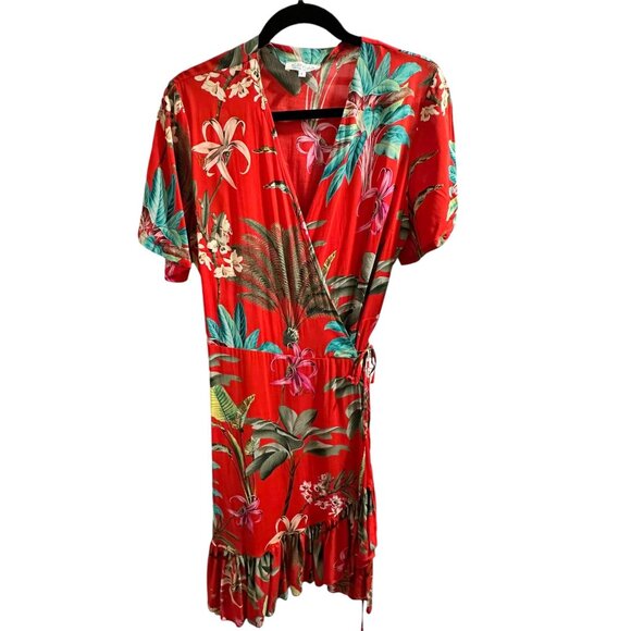 ✌️ 2/$40 ✌️ Italian Designer Red Floral Tie Wrap Dress with Ruffled Hem sz L - Picture 1 of 8